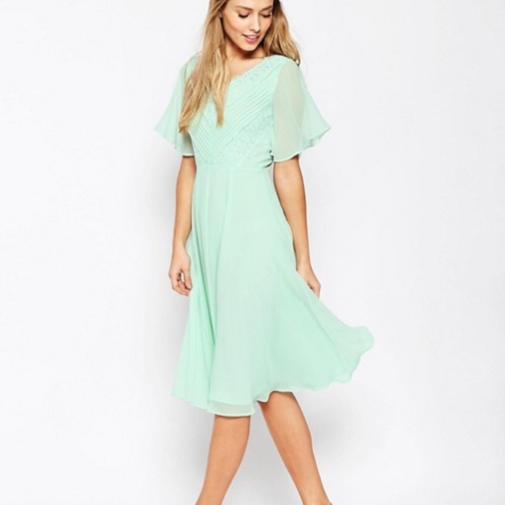 ASOS mint green midi dress with lace detail.